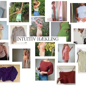 Puede incluir: Una colección de prendas de punto de ganchillo, que incluyen tops, vestidos y suéteres, en varios colores, como azul claro, verde, rosa y morado. El texto "INTUITIV HÆKLING" se muestra en el centro de la imagen.
