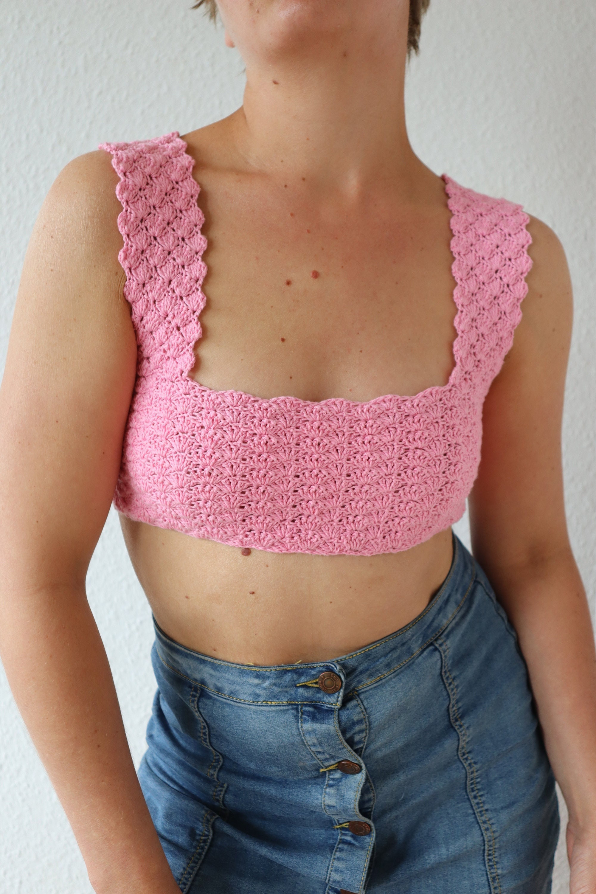 Crochet Top Elsa Romantic Bandeau Shell Stitch Laced up Back