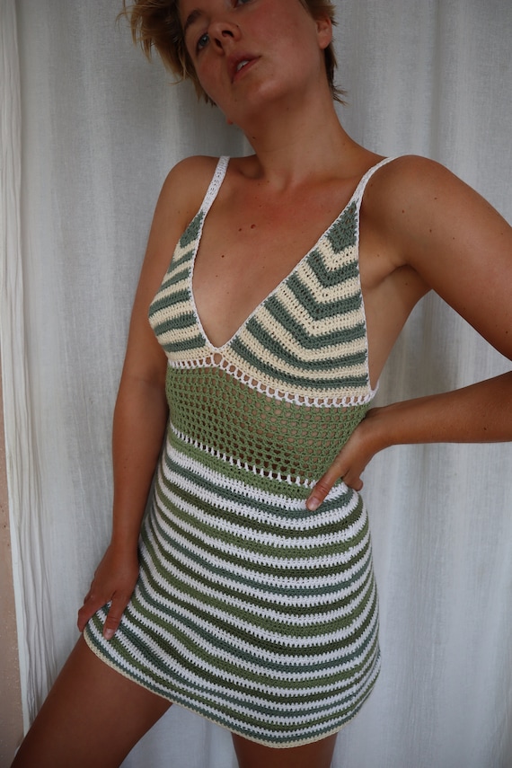 Crochet Dress Vintage Striped Triangle Bra Cup Mesh Body Thin