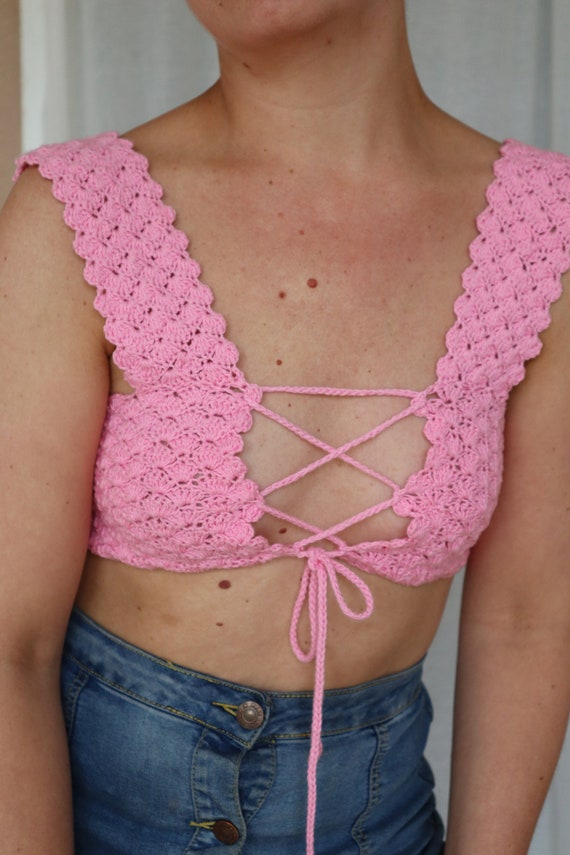 Elsa Romantic Bandeau Shell Stitch Laced up Back Wide Straps Square Neck Crop  Top Crochet Pattern Video Tutorial ENG/DA -  Canada