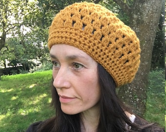 Gold/mustard yellow handmade item - crochet slouchy beanie hat