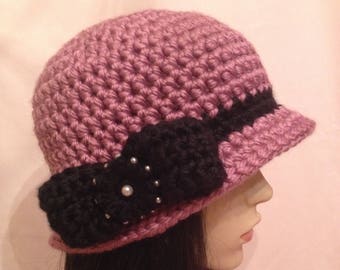 Crochet 20s Style Cloche Hat Pink with Black Bow