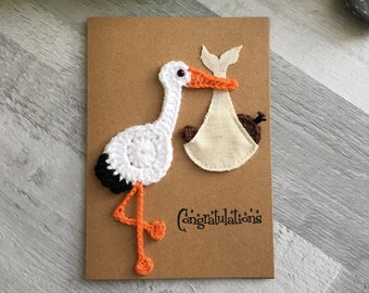 New baby cards - Handmade crochet stork and bundle