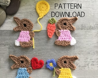 UK terminology bunny applique with accessories - PDF pattern download - Crochet pattern