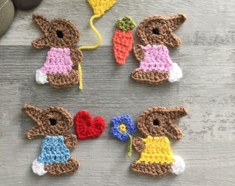 Bunny Applique - Handmade Crochet Rabbit with accessories - Card Making - Embellishment