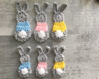 Bunny Applique Light grey/silver - Handmade Crochet Bobtail Rabbit Silhouette with Fluffy Tail Two Sizes - Card Making - Embellishment