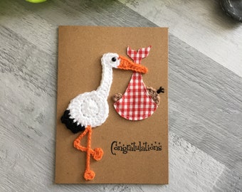 New baby cards - Handmade crochet stork and bundle