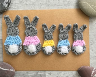 Bunny Applique Grey - Handmade Crochet Bobtail Rabbit Silhouette with Fluffy Tail Two Sizes - Card Making - Embellishment