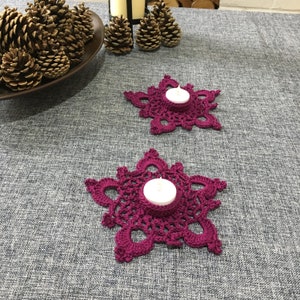 Handmade cotton snowflake tealight holders - set of 2 - cerise
