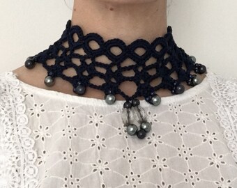 Crochet Cotton Beaded Choker Necklace Navy Blue