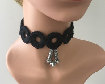 Crochet black cotton choker necklace with bead detail tie neck