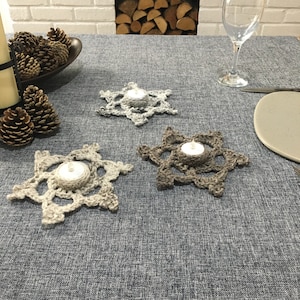 Handmade aran snowflake tealight holders - set of 3 natural/rustic colours