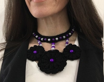 Crochet Choker and Bib Style Necklace with Flower Design and Purple Bead Detail