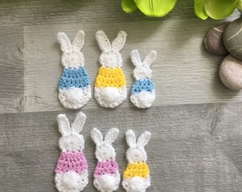Bunny Applique White - Handmade Crochet Bobtail Rabbit Silhouette with Fluffy Tail Two Sizes - Card Making - Embellishment