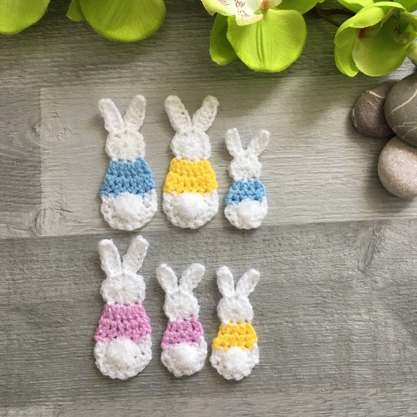 Bunny Applique White - Handmade Crochet Bobtail Rabbit Silhouette with Fluffy Tail Two Sizes - Card Making - Embellishment