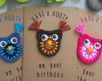 Handmade Birthday Cards - Crochet Owl Card with Googly eyes and Tufty Ears - Quality Made 3D Greetings Card - Choice of Three Colours