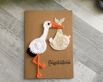 New baby cards - Handmade crochet stork and bundle