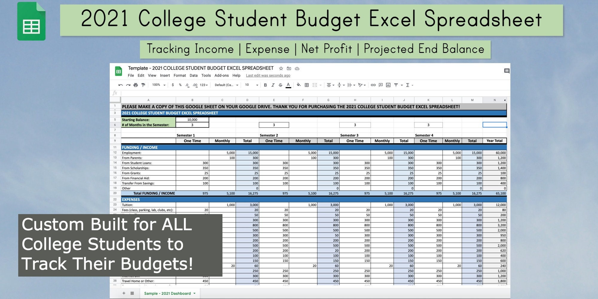 2021 College Student Budget Excel Spreadsheet for Tracking Etsy