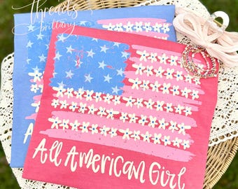 Camiseta All American Girl, Camiseta con bandera floral patriótica, Camiseta del 4 de julio para mujer, Camiseta vintage americana, Camiseta patriótica linda
