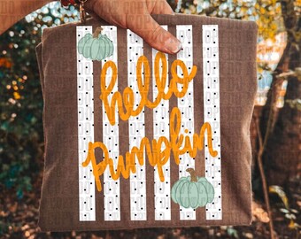 May include: A brown t-shirt featuring a vertical white striped pattern with black dots. The design includes two light green pumpkins and the orange cursive text hello pumpkin centered on the front of the garment, displayed against a blurred outdoor background.