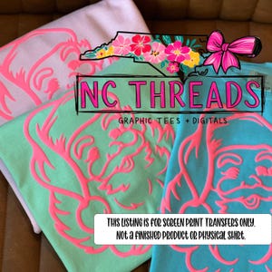 May include: Three colorful t-shirts with neon pink designs. The shirts are light pink, mint green, and turquoise. The text "NC THREADS" is displayed with the words "Graphic Tees + Digitals" below. The listing is for screen print transfers only.