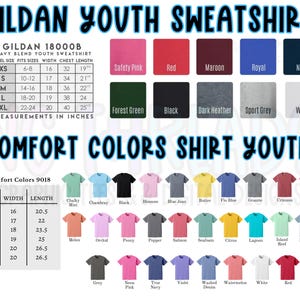 Puede incluir: Un gr&aacute;fico que muestra las opciones de tama&ntilde;o y color para sudaderas Gildan para j&oacute;venes. El gr&aacute;fico incluye las tallas XS a XL, con las medidas de pecho y largo correspondientes en pulgadas. Las opciones de color incluyen rosa de seguridad, rojo, granate, azul real, azul marino, verde bosque, negro, gris oscuro, gris deportivo y blanco.