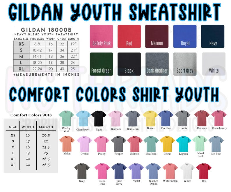 Puede incluir: Un gr&aacute;fico que muestra las opciones de tama&ntilde;o y color para sudaderas Gildan para j&oacute;venes. El gr&aacute;fico incluye las tallas XS a XL, con las medidas de pecho y largo correspondientes en pulgadas. Las opciones de color incluyen rosa de seguridad, rojo, granate, azul real, azul marino, verde bosque, negro, gris oscuro, gris deportivo y blanco.