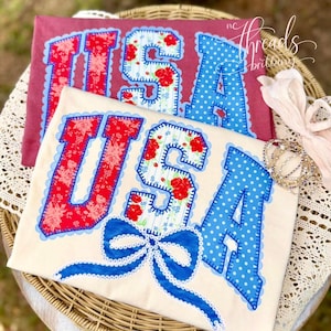 USA Patchwork Shirt, Patriotic Bow Shirt, 4th of July Shirt Women, Vintage America Tee, Memorial Day Shirt, Cute Patriotic Tee