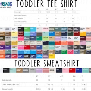 Puede incluir: Un gr&aacute;fico que muestra las medidas de tama&ntilde;o para camisetas y sudaderas para ni&ntilde;os peque&ntilde;os. El gr&aacute;fico incluye medidas de longitud del cuerpo, ancho del pecho y longitud de la manga. Los tama&ntilde;os van de 2T a 7. El gr&aacute;fico tambi&eacute;n incluye una tabla de colores con una variedad de colores.