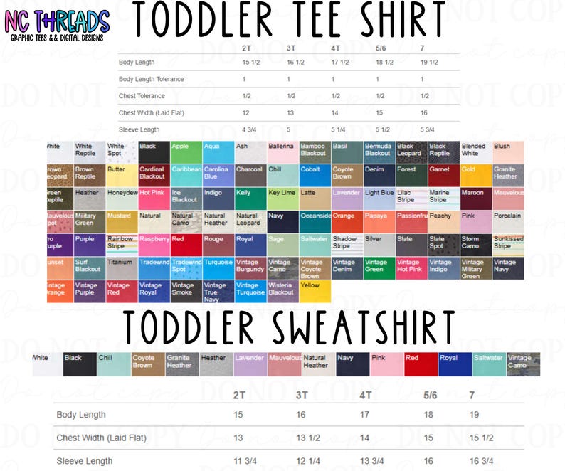 Puede incluir: Un gr&aacute;fico que muestra las medidas de tama&ntilde;o para camisetas y sudaderas para ni&ntilde;os peque&ntilde;os. El gr&aacute;fico incluye medidas de longitud del cuerpo, ancho del pecho y longitud de la manga. Los tama&ntilde;os van de 2T a 7. El gr&aacute;fico tambi&eacute;n incluye una tabla de colores con una variedad de colores.
