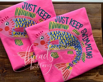 Just Keep Swimming Shirt, Motivational Tee, Cute Fish Graphic Tee, Summer Beach Shirt, Positive Quote Shirt, Bright Pink Tee