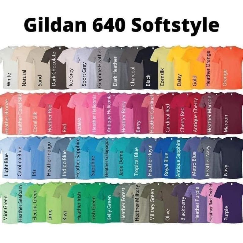 Puede incluir: Una carta de colores de camisetas Gildan 640 Softstyle. La carta muestra 48 colores diferentes, incluyendo blanco, negro, rojo, azul, verde y muchos tonos de jaspeado.