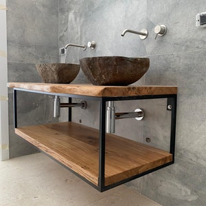 Filigree floating washbasin solid oak wood tree edge complete image 1