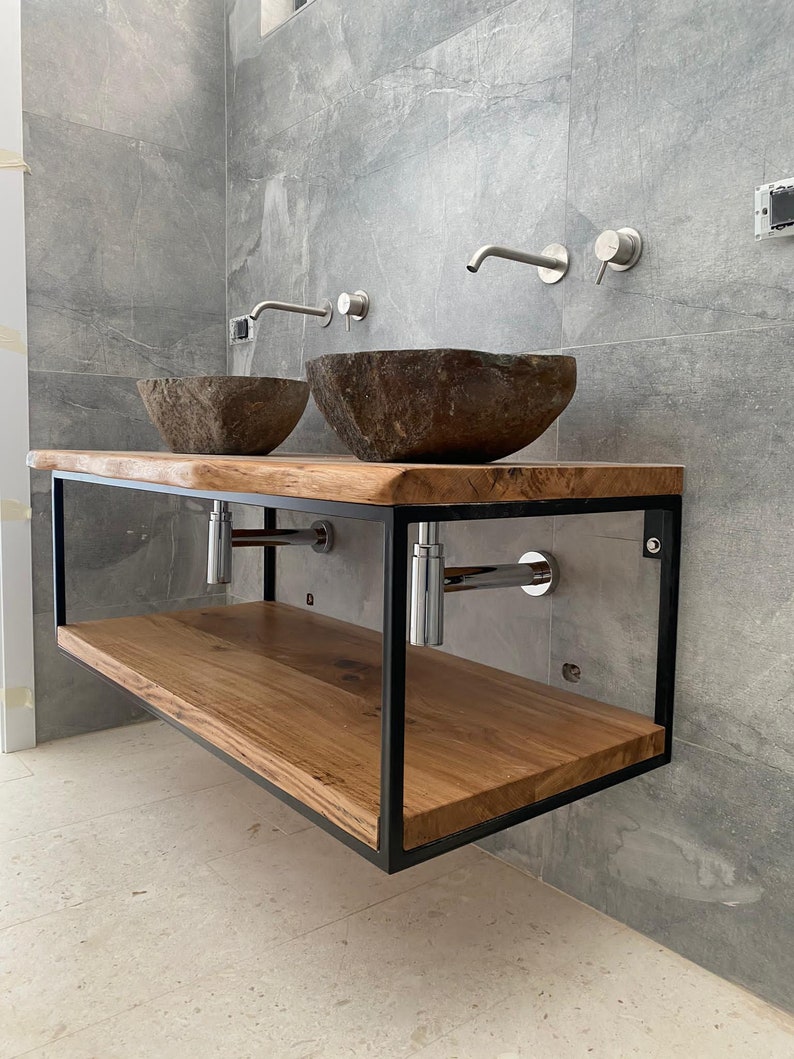 Filigree floating washbasin solid oak wood tree edge complete image 1