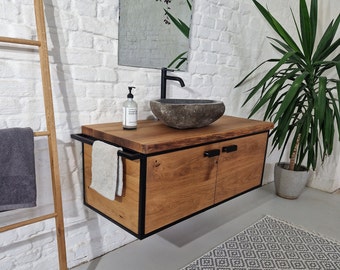 Mobile lavabo filigrana sospeso in legno massello di rovere bordo albero completamente rustico con anta