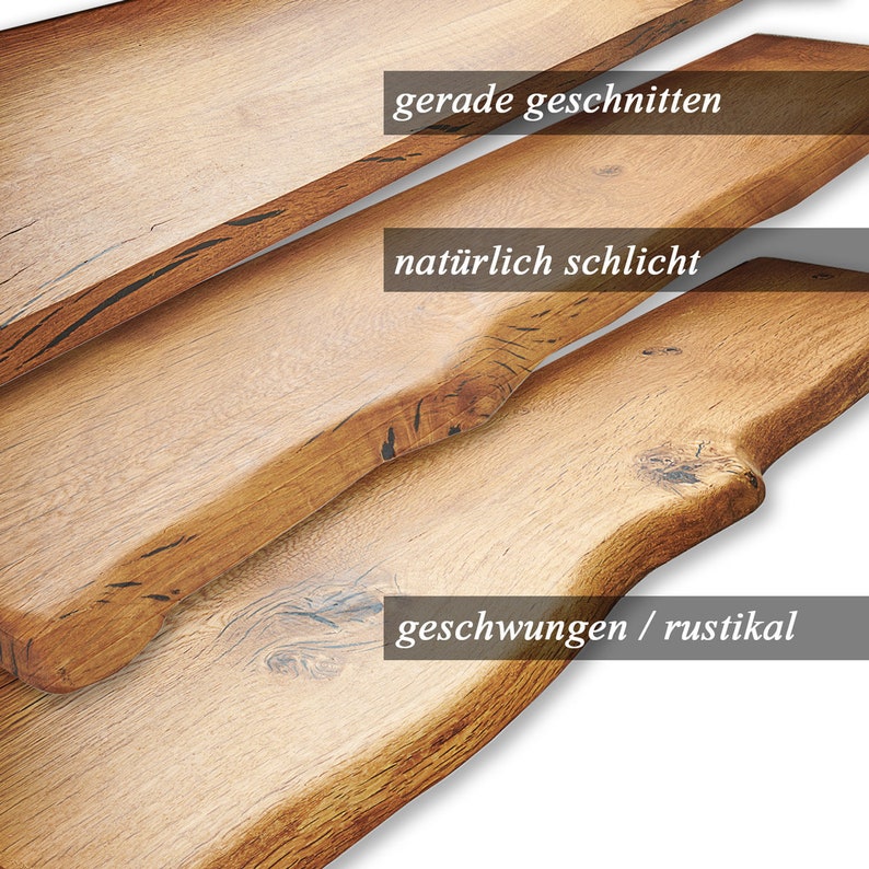 May include: Three wooden shelves, each with a different edge style. The top shelf is straight, the middle shelf is slightly curved, and the bottom shelf is more dramatically curved. The text "gerade geschnitten" is on the top shelf, "nat&uuml;rlich schlicht" is on the middle shelf, and "geschwungen / rustikal" is on the bottom shelf.