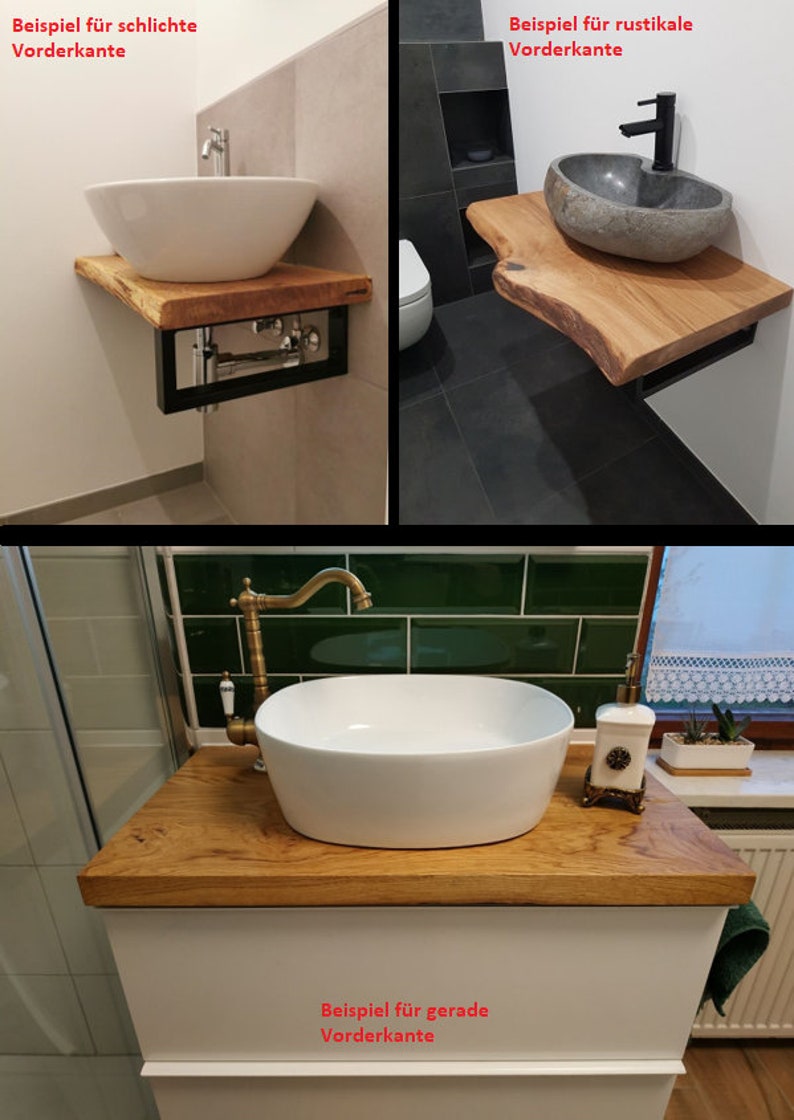 May include: Three examples of bathroom vanity tops made of wood with different edge styles. The first example has a smooth edge, the second example has a rustic edge, and the third example has a straight edge. Each example features a different style of sink.