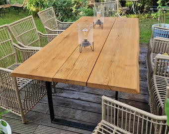 Table de jardin extérieure, chemins de bord d'arbre, table en bois de chêne massif, table d'arbre en bois massif huilé, table de patio résistante aux intempéries