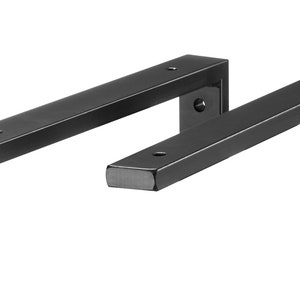 May include: Two black metal shelf brackets with rounded edges and multiple screw holes. The brackets are L-shaped and are designed to support shelves.