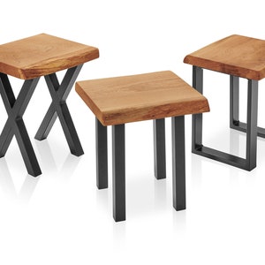 Hocker Sitzhocker massiv Eiche mit Baumkante 45 cm hoch Kufengestell X Gestell