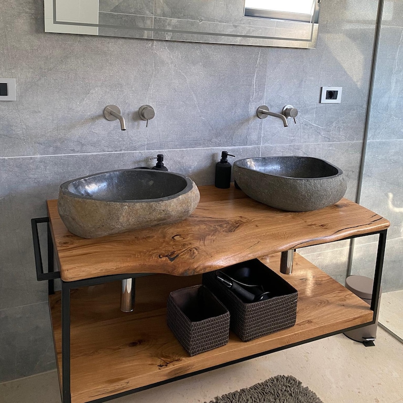 Filigree floating washbasin solid oak wood tree edge complete image 2