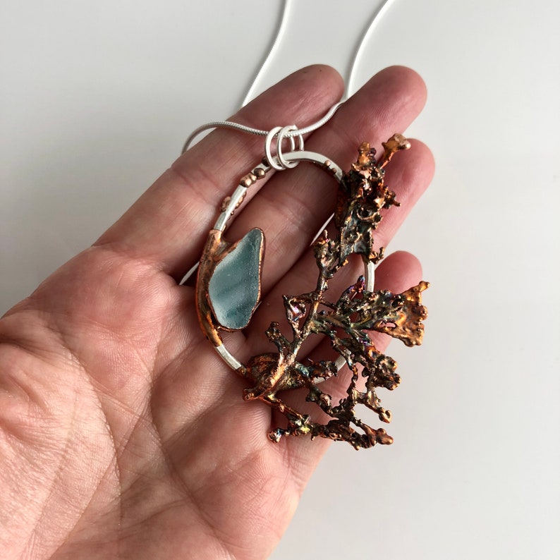 Teal Art Sea Glass and Algae Pendant Necklace Ocean Inspired Silver and Copper Electroformed Jewelry
