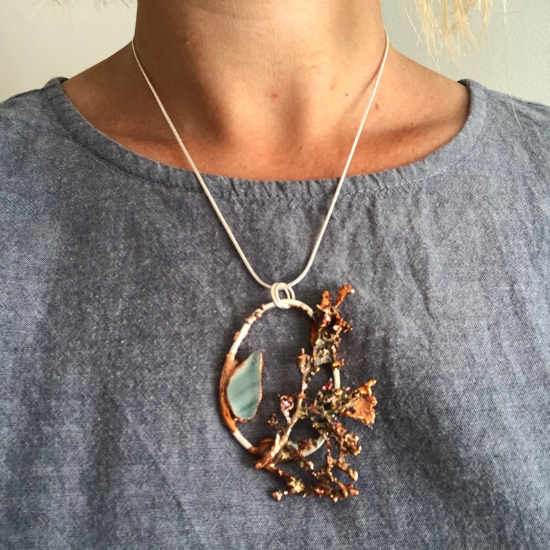 Teal Art Sea Glass and Algae Pendant Necklace Ocean Inspired Silver and Copper Electroformed Jewelry