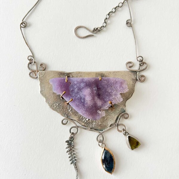 Whimsical Grape Agate Statement Necklace with Tourmaline and Kyanite in Silver and Gold