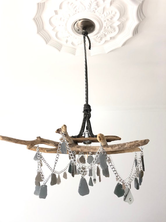 Driftwood And Sea Glass Chandelier Ceiling Light Fixture Rustic Boho Gray Grey Beach Glass Reclaimed Materials