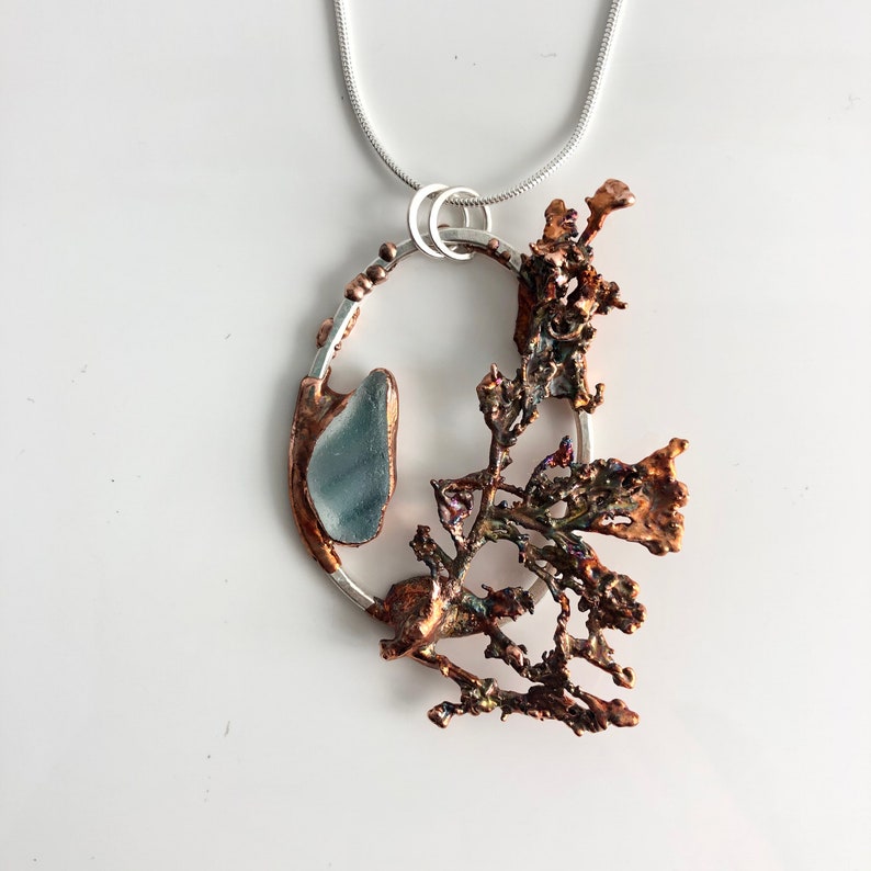 Teal Art Sea Glass and Algae Pendant Necklace Ocean Inspired Silver and Copper Electroformed Jewelry