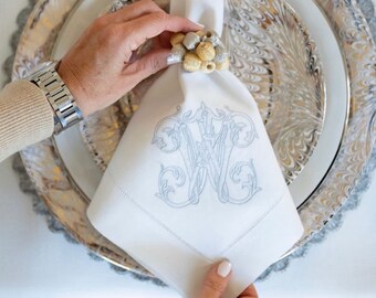White Hemstitch 20x20 Linen Napkins with Single Vintage Vine Monogram