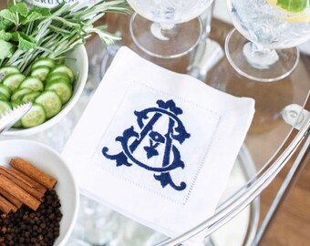 White Linen Hemstitch Cocktail Napkins with Vintage Interlocking Monogram