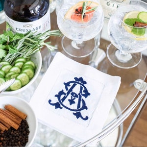 White Linen Hemstitch Cocktail Napkins with Vintage Interlocking Monogram