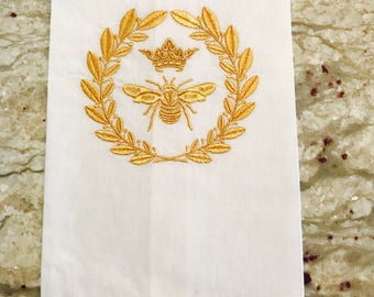 White Hemstitch Linen Guest Towel with Napoleonic Bee and Crown